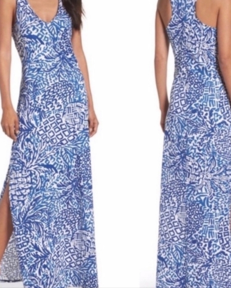 Lilly Pulitzer XS Kerri Blue and White Patterned Maxi Dress 100% Pima Cotton - Picture 1 of 8